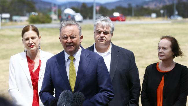 The Leader of the Australian Labor Party, Anthony Albanese, is in Hobart today and held a doorstop interview alongside Member for Franklin, Julie Collins (left), Member for Lyons, Brian Mitchell (right), Senator Carol Brown Picture: MATT THOMPSON