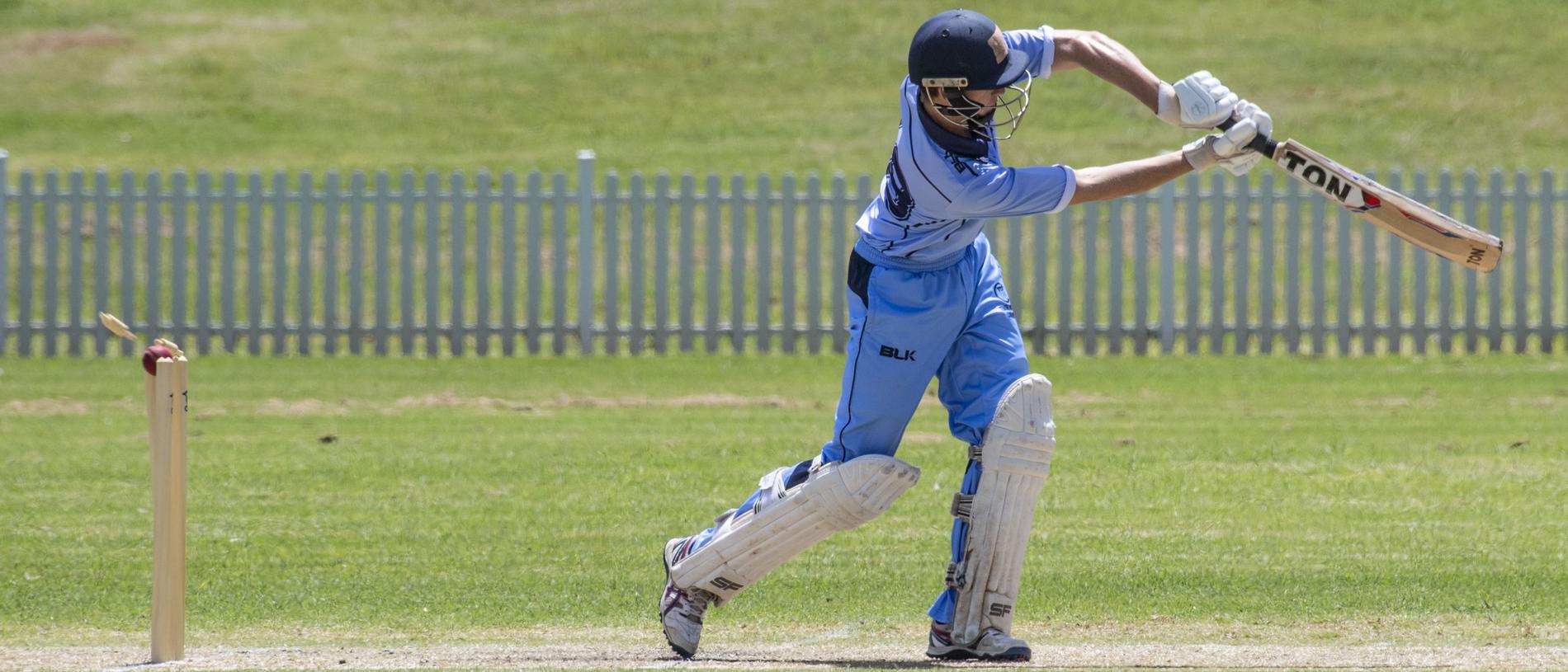 Toowoomba's Harrison Tzannes bowled by Codey Wegner for Lockyer. Mitchell Shield, Toowoomba vs Lockyer. Sunday, January 23, 2022. Picture: Nev Madsen.