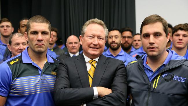 Andrew Forrest is flanked by Force legend Matt Hodgson and coach Dave Wessels.