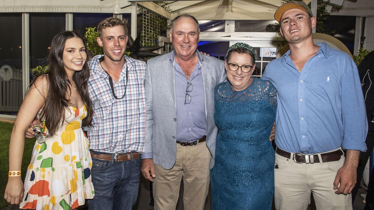 (from left) SJ Decelis, Adam Berthelsen, Mark Berthelsen, Letetia Berthelsen and Josh Tonkin. New Year's eve at King of the Mountain race day, Clifford Park race course. Saturday, December 31, 2022. Picture: Nev Madsen.