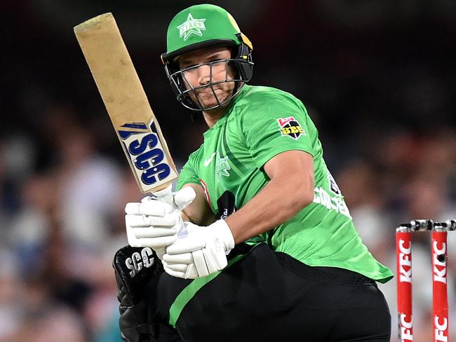 BRISBANE, AUSTRALIA - DECEMBER 27: Nathan Coulter-Nile of the Stars bats during the Men's Big Bash League match between the Brisbane Heat and the Melbourne Stars at The Gabba, on December 27, 2021, in Brisbane, Australia. (Photo by Bradley Kanaris/Getty Images)