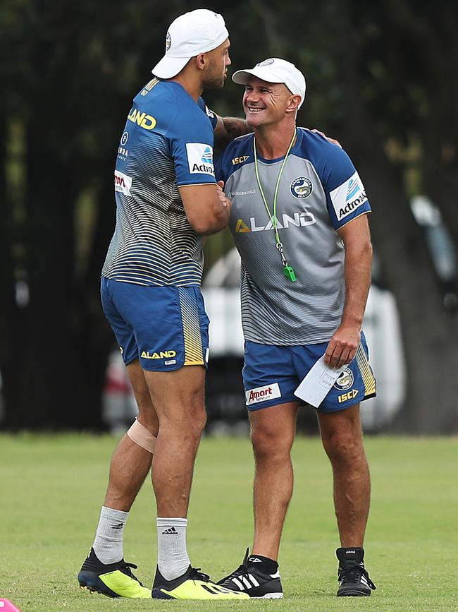 Warm welcome: Blake Ferguson and coach Brad Arthur at Eels training. Picture: Brett Costello