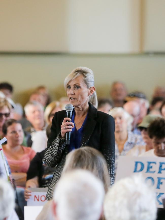 Corrections Minister Elise Archer addresses the crowd at the community meeting at Westbury. Picture: PATRICK GEE