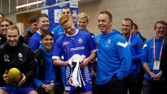 Alastair Clarkson during a happier moment with his North Melbourne players earlier this month. (Photo by Michael Willson/AFL Photos via Getty Images)