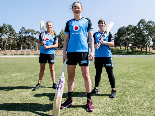 Alex Price, Annie O'Neil and Tegan McPharlin have signed new contracts to stay at the Adelaide Strikers. Picture: MORGAN SETTE