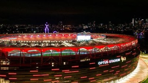 Massive screens will obscure Optus branding on the exterior of Perth’s Optus Stadium this week. Source: Instagram.