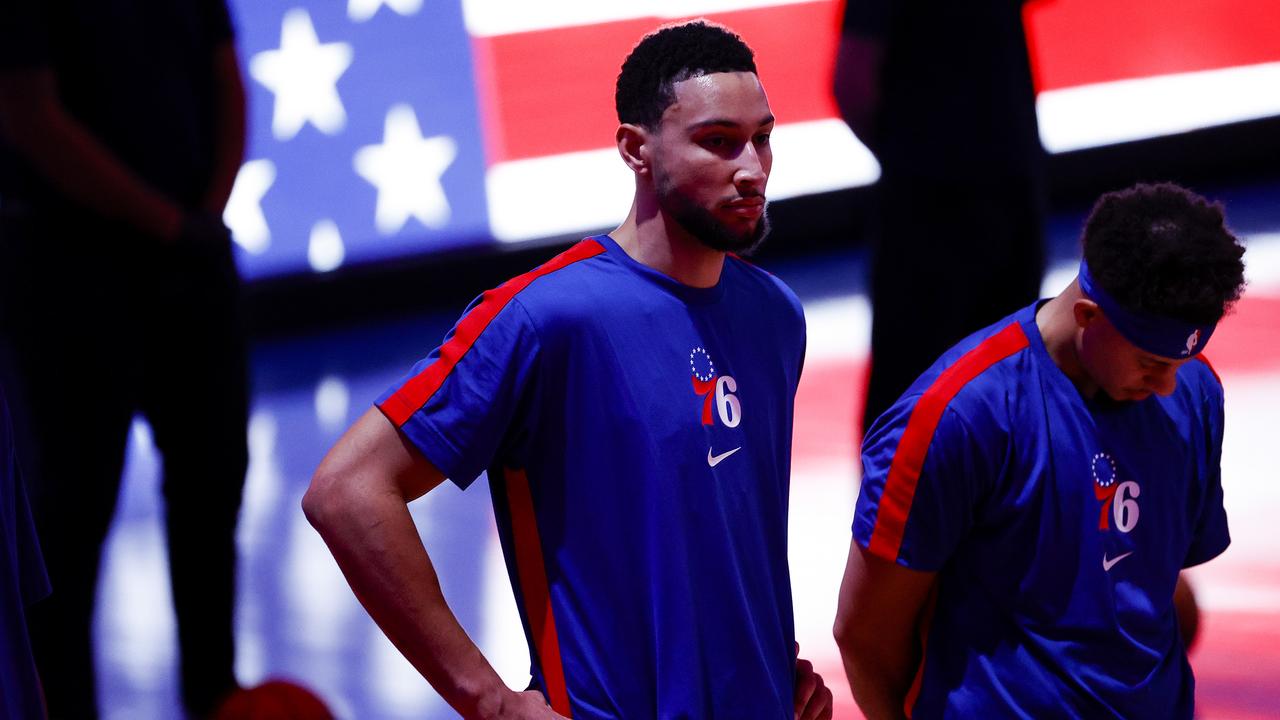 PHILADELPHIA, PENNSYLVANIA - JANUARY 22: Ben Simmons #25 of the Philadelphia 76ers looks on before playing against the Boston Celtics at Wells Fargo Center on January 22, 2021 in Philadelphia, Pennsylvania. NOTE TO USER: User expressly acknowledges and agrees that, by downloading and or using this photograph, User is consenting to the terms and conditions of the Getty Images License Agreement. (Photo by Tim Nwachukwu/Getty Images)