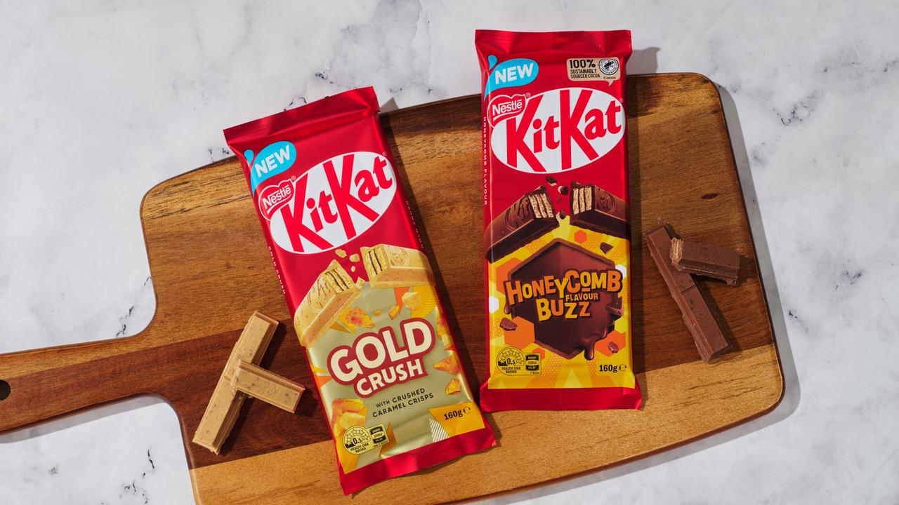 KitKat honeycomb flavour buzz and KitKat gold crush blocks are now available on supermarket shelves around Australia. Picture: supplied.