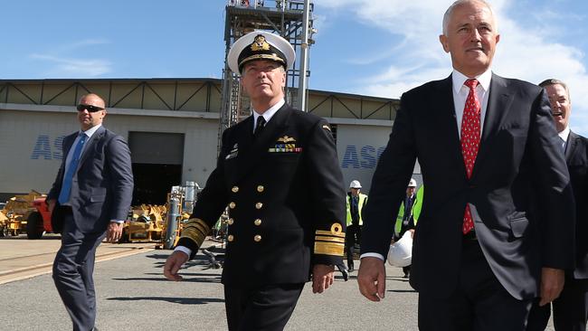 Prime Minister Malcolm Turnbull with the Chief of Navy, Vice Admiral Tim Barrett, at ASC. Picture: Tait Schmaal.