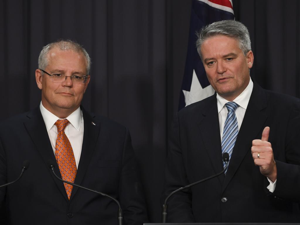 Australian Prime Minister Scott Morrison and former Australian Finance Minister Mr Cormann. Picture: Lukas Coch/AAP