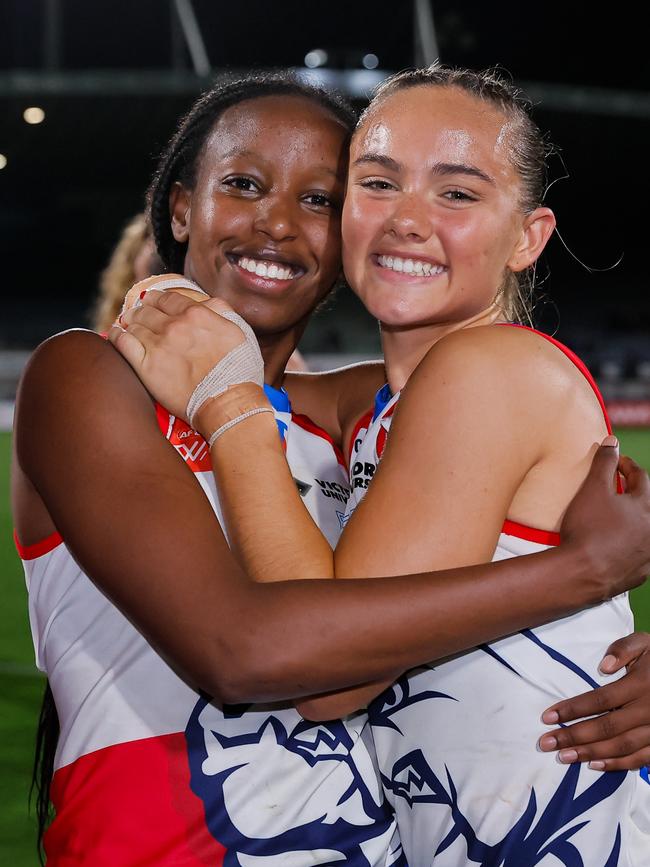 Elaine Grigg and Jasmyn Smith after Western Bulldogs’ victory. Picture: Dylan Burns/AFL Photos via Getty Images