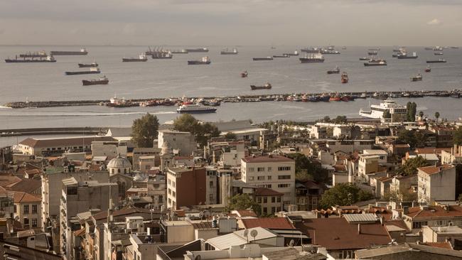 Ships, including those carrying grain from Ukraine and awaiting inspections are seen anchored off the Istanbul coastline on October 14 in Istanbul, Turkey. Picture: Getty