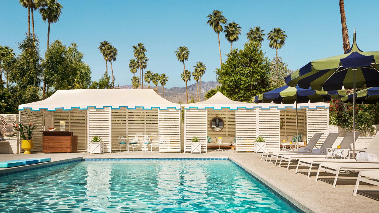 The place I’d rather be right now is the Parker Palm Springs hotel – it’s like an oasis out in the desert. Picture: Supplied.