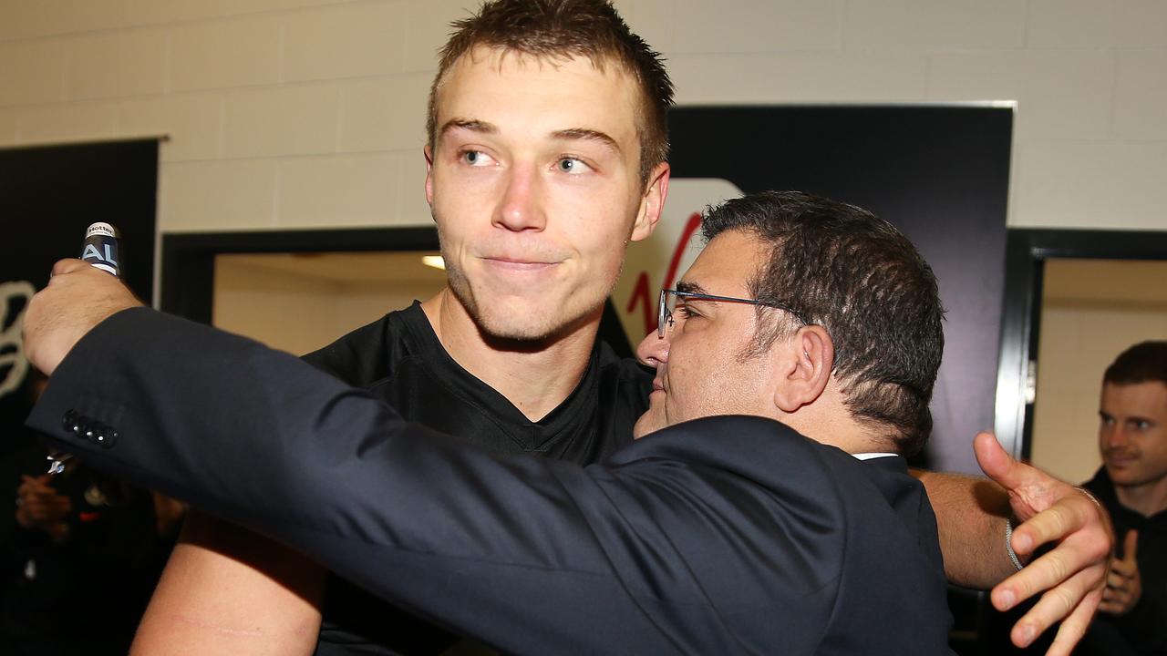 Mark LoGuidice with Patrick Cripps. Picture: Michael Klein