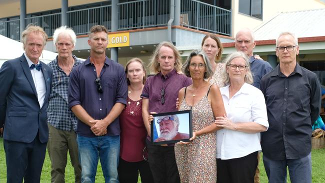 The family of Cairns man Andy Heard at his memorial service at Cairns Cruising Yacht Squadron. L–R: Daniel Heard, Sam Heard, Jack Heard, Mickelle Geddes, Ben Heard, Erica Lang, Cathy Heard, Anthea Heard, Matthew Heard, Tim Heard. PICTURE: TOBY VUE