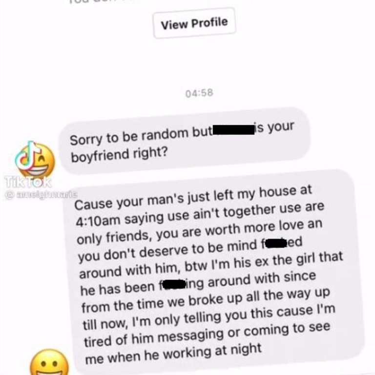 Amy also shared the messages she had received which alleged her partner had been unfaithful. Picture: TikTok/@ameighmarie