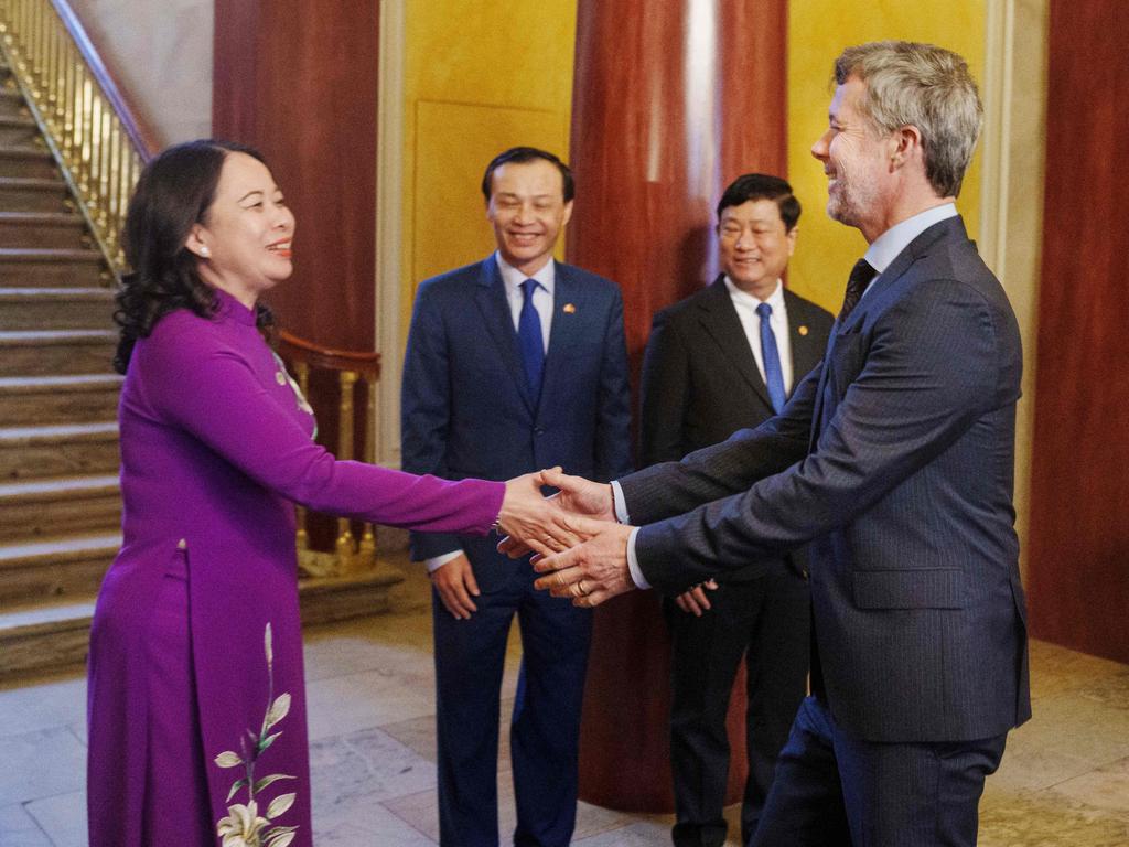 A solo Prince Frederik greets the Vice President of Vietnam Vo Thi Anh Xuan during her visit at the royal Amalienborg Castle in Copenhagen. Picture: AFP