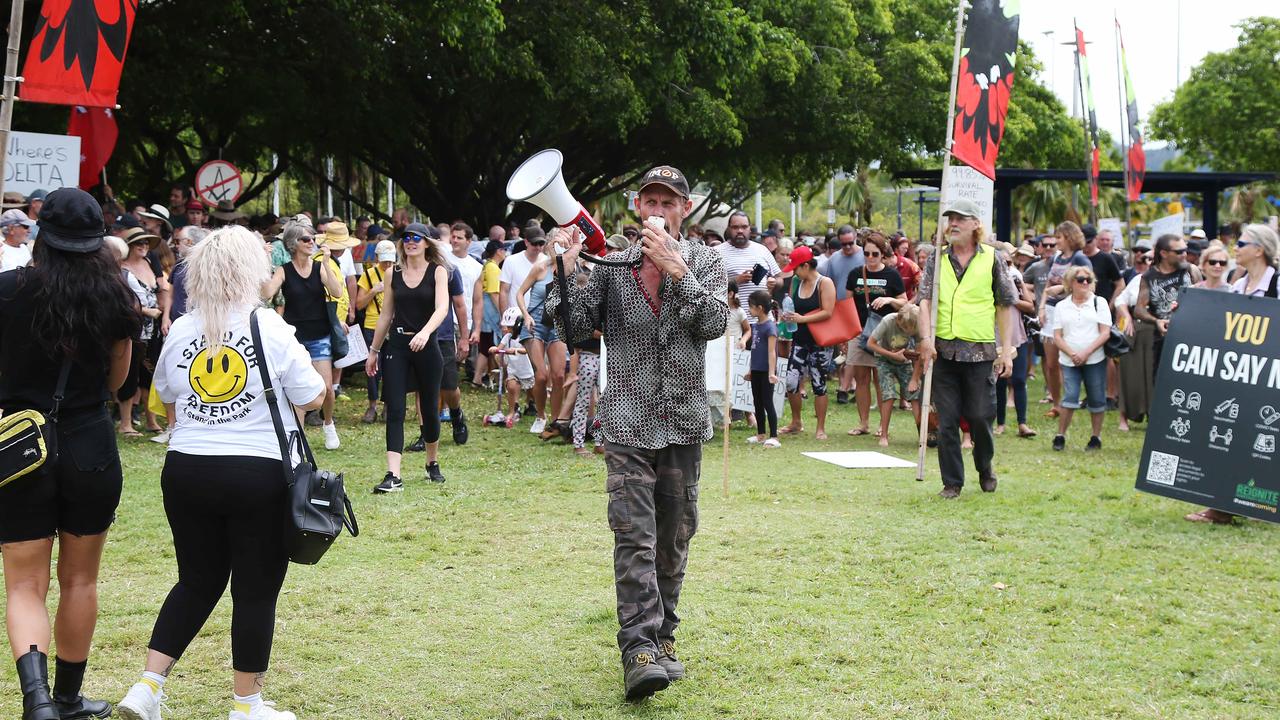 We Stand For Freedom committee member Paul Christie rallied the supporters before the march down the Esplanade and declared the parklands north of Muddy's Playground Freedom Park. PICTURE: Brendan Radke