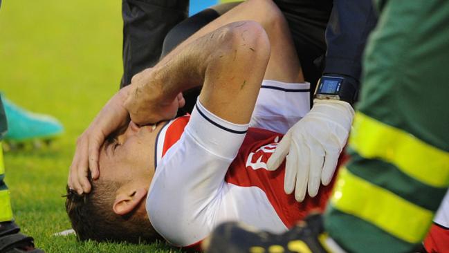 Injured Arsenal defender Gabriel during the pre season friendly against Manchester City.