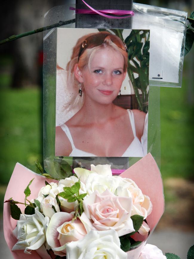 A photo of Rebecca Jolley and flowers in a tribute at the scene of her death.