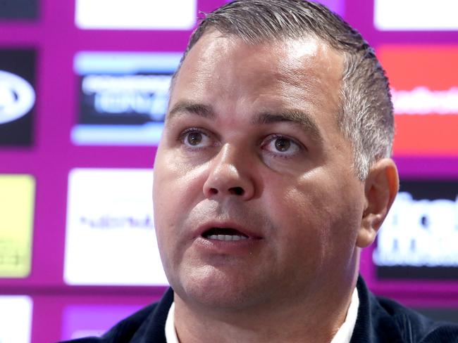 BRISBANE, AUSTRALIA - AUGUST 26: Brisbane coach Anthony Seibold speaks to the media during a Brisbane Broncos NRL media opportunity at the Clive Berghofer Centre on August 26, 2020 in Brisbane, Australia. (Photo by Jono Searle/Getty Images)