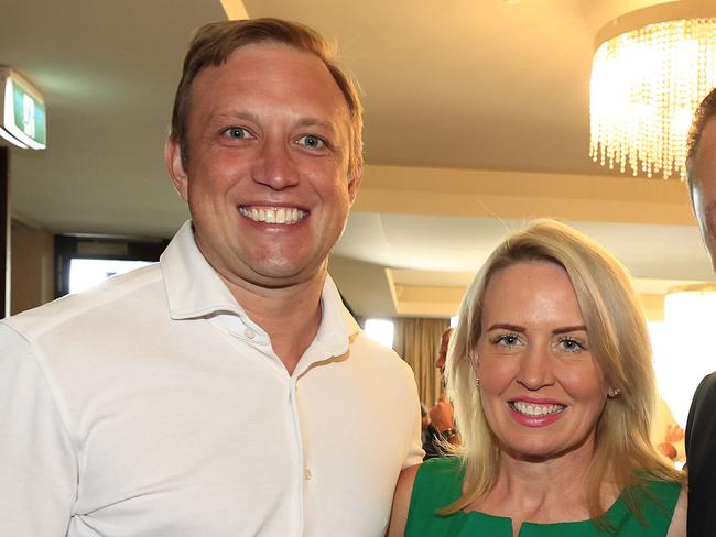 The Battle Lunch presented to you by NRL & The Courier-Mail at Gambaro Restaurant, Josie's room. Deputy Premier Steven Miles, Kate Jones and John Gambaro. Pics Adam Head