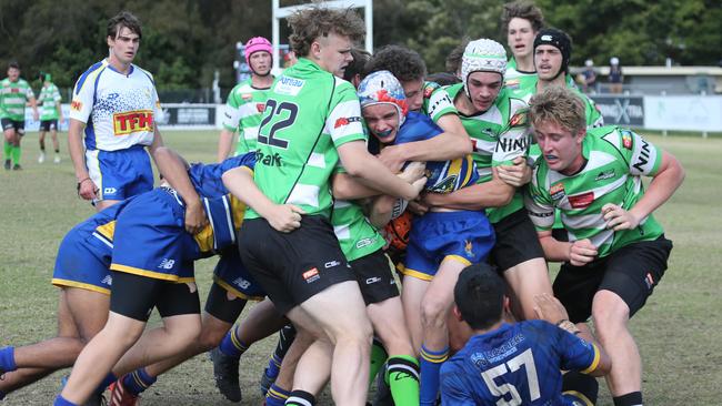 Action galleries of the junior rugby union grand finals, match played at Surfers Paradise Home Ground. Gold Coast Eagles Vs Currumbin Alligators under 16s division. Picture Mike Batterham