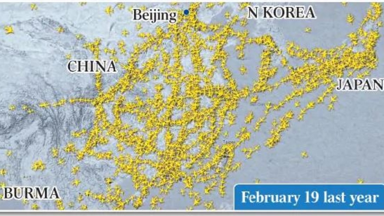 Flight traffic over Asia on February 19, 2019. Picture: Wall Street Journal