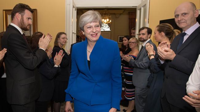 British Prime Minister Theresa May is clapped into 10 Downing Street on June 9, 2017. Picture: Getty Images