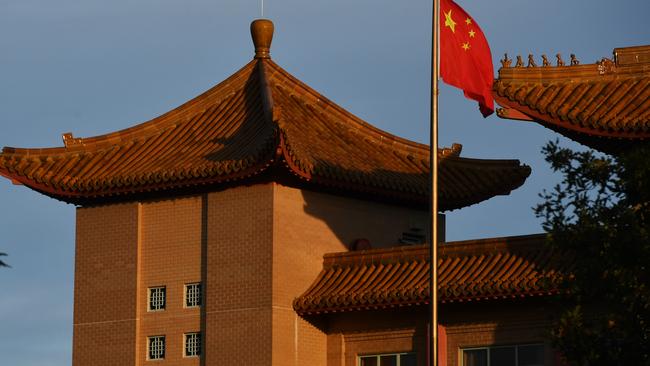 A Chinese flag flies at the Embassy of the People's Republic of China in Canberra. Picture: Sam Mooy/Getty Images