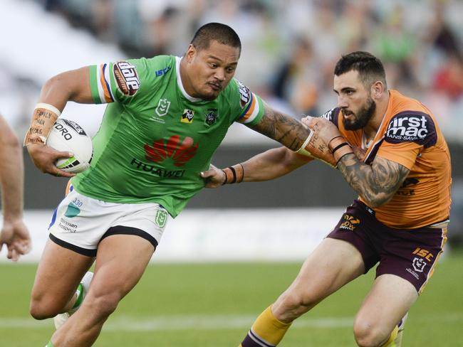 Joey Leilua of the Raiders is tackled by Jack Bird of the Broncos during the Round 6 NRL match between the Canberra Raiders and the Brisbane Broncos at GIO Stadium in Canberra, Sunday, 21 April 2019. (AAP Image/Rohan Thomson) NO ARCHIVING, EDITORIAL USE ONLY