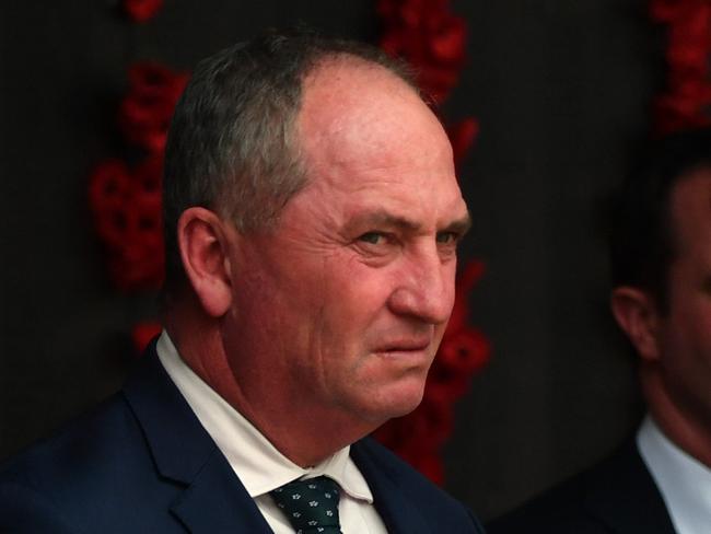 CANBERRA, AUSTRALIA - FEBRUARY 01: Member for New England Barnaby Joyce (left) and Member for Dawson George Christensen (right) at Australian War Memorial on February 01, 2021 in Canberra, Australia. The annual Last Post ceremony is held before the opening of the new parliamentary year. Each Last Post ceremony commemorates the personal story of one of the more than 102,500 Australians whose names are recorded on the Memorial's Roll of Honour, in recognition of the service and sacrifice of all Australians who have died in war and on operations. The 2021 ceremony commemorates the service and sacrifice of Second Lieutenant Bartholomew James Stubbs of the 51st Infantry Battalion, who died during the First World War. (Photo by Sam Mooy/Getty Images)