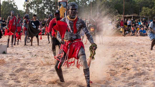 Numbulwar red flag dance at day one of Garma Festival on Friday August 2023. Picture: Pema Tamang Pakhrin