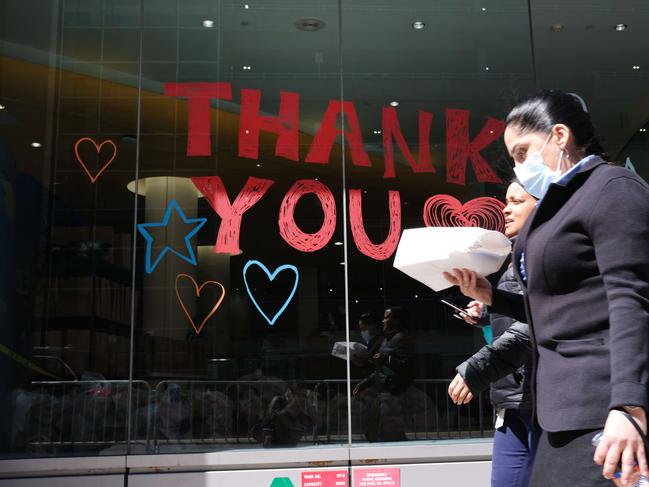 A hand made 'thank you' sign for medical workers is displayed in a window at Montefiore Medical Centre in the Bronx, New York. Picture: Getty Images/AFP