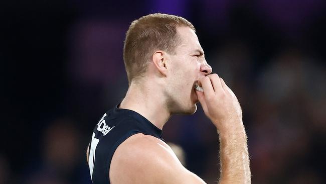 Harry McKay reacts after missing a set shot. Picture: Michael Willson/AFL Photos via Getty Images