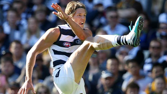 Rhys Stanley kicks a goal against Hawthorn. Picture: Michael Klein