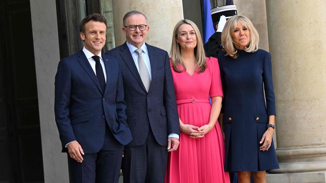 France's President Emmanuel Macron with Anthony Albanese and his partner Jodie Haydon when they visited France in July.