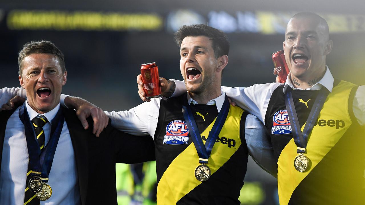 And two years later, the pair celebrated another flag with Dustin Martin. Picture: Daniel Carson/AFL Photos