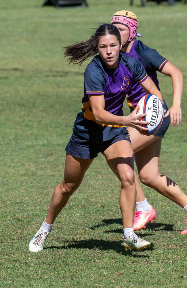 Lucy Anlezark for Glennie. Selena Worsley Cup Game 1. Downlands first VII vs Glennie 18S. 2024 O'Callaghan Cup day at Downlands College. Photo by Nev Madsen