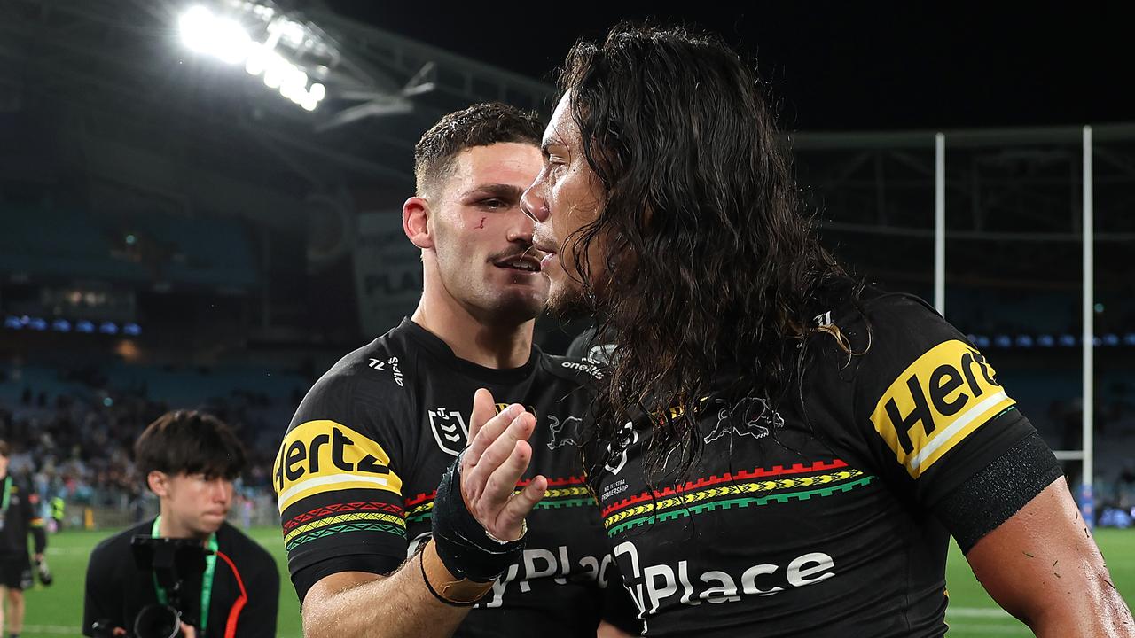 SYDNEY, AUSTRALIA - SEPTEMBER 28: Nathan Cleary of the Panthers celebrates with Jarome Luai after their victory during the NRL Preliminary Final match between the Penrith Panthers and the Cronulla Sharks at Accor Stadium on September 28, 2024 in Sydney, Australia. (Photo by Matt King/Getty Images)