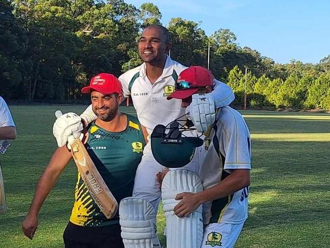 Chathura Imbulagoda is chaired off by teammates after scoring 234 for Officer in the CCCA. Picture: Supplied.