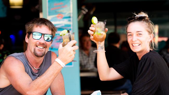 Rick Conway and Gabby Brady knock back a Bullfighter at Monsoons Restaurant and Party Bar in Darwin. Picture: Che Chorley