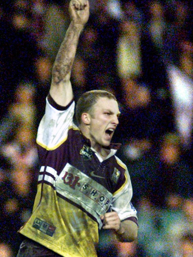 Darren Lockyer celebrates scoring the winning field goal.