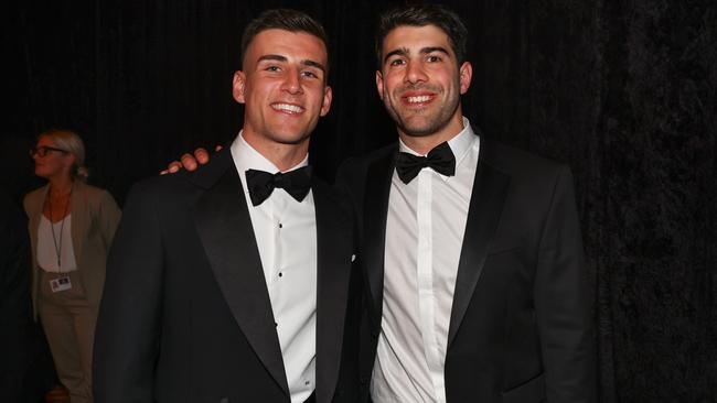 MELBOURNE, AUSTRALIA - September 24, 2023. AFL .   Brownlow medal night at the Crown Casino in Melbourne.  Nick Daicos of the Magpies and Christian Petracca of the Demons  after tonights count   . Photo by Michael Klein.