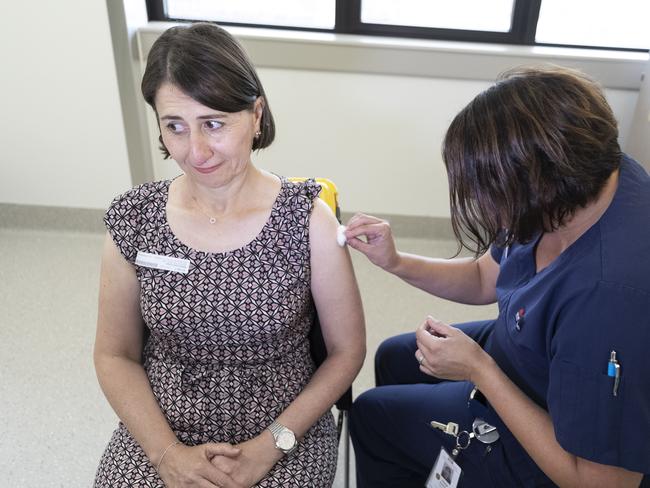 Gladys Berejiklian receives the AstraZeneca vaccine at St George Hospital in Kogarah. Picture: Getty Images.