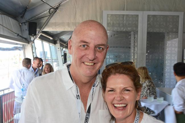 Rob Gibson and Carolyn Waller in The Lounge at GC500 corporate suites, Main Beach. Pic: Regina King