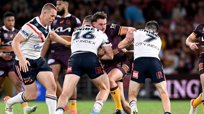 Corey Jensen of the Broncos takes on the defence. Picture: Bradley Kanaris/Getty Images