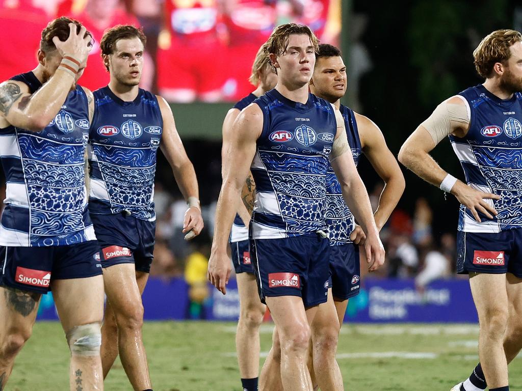 DARWIN, AUSTRALIA - MAY 16: The Cats look dejected after a loss during the 2024 AFL Round 10 match between The Gold Coast SUNS and The Geelong Cats at TIO Stadium on May 16, 2024 in Darwin, Australia. (Photo by Michael Willson/AFL Photos via Getty Images)