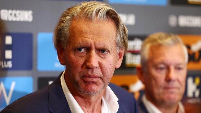 Gold Coast Chairman Bob East speaks to the media after Stuart Dew’s sacking. (Photo by Chris Hyde/Getty Images)