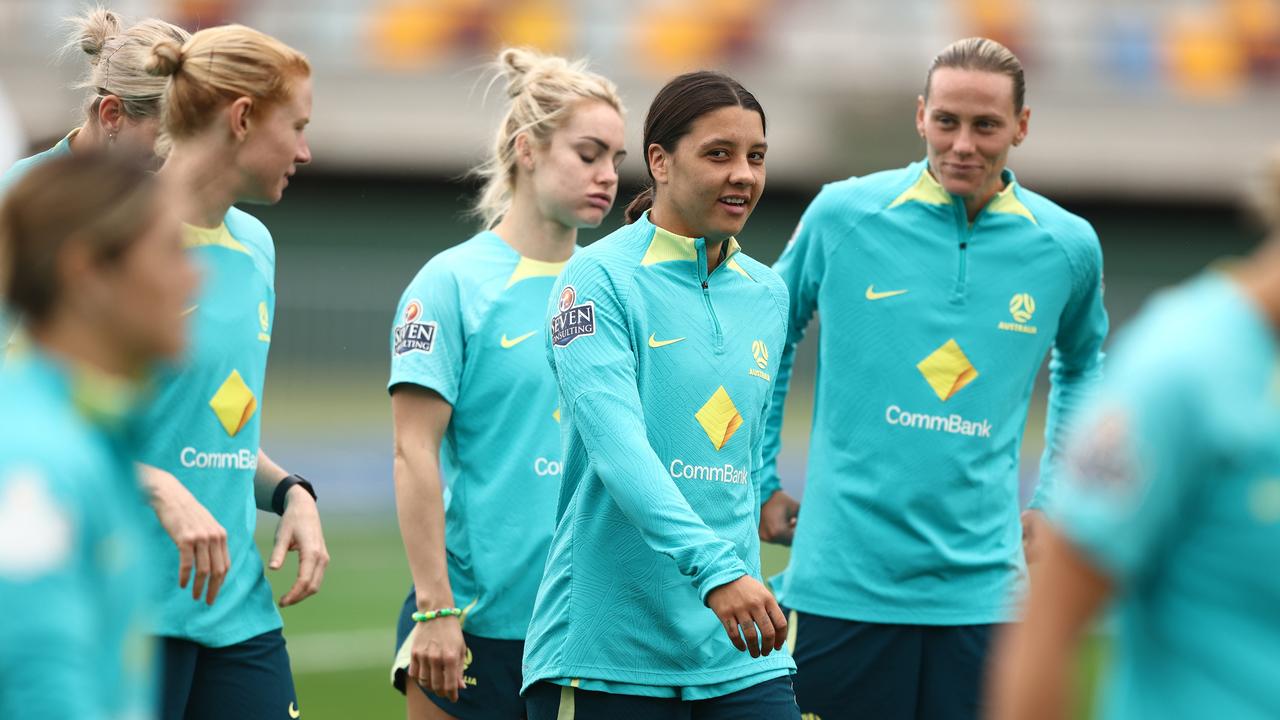 Sam Kerr during a Matildas training session ahead of the FIFA Women's World Cup. Picture: Chris Hyde/Getty Images